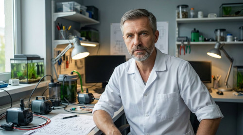 Сергей Козлов — портрет инженера-электрика в лабораторной обстановке с элементами аквариумной техники